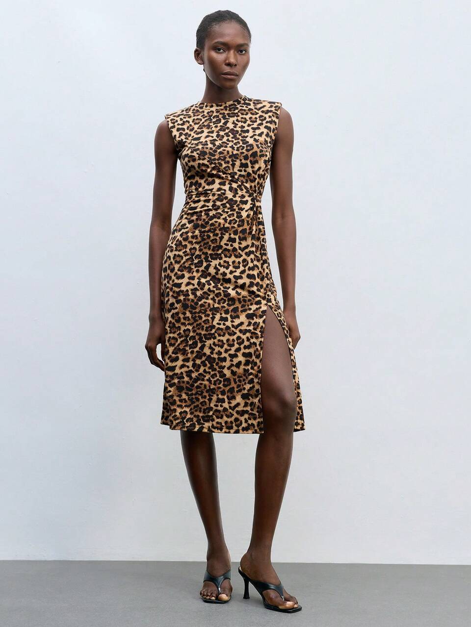 SHEIN Maija 2025 Autumn/Winter New Tropical Rainforest Animal Leopard Print Cream Yellow Twist Ruched Side Slit Sleeveless Round Neck Women's Dress, Elegant Urban Business Casual Commute, Suitable For Wedding Guest, Airport, Party, Beach, Brunch, Office, Everyday, Y2K Style