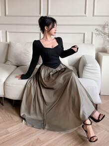 DAZY Women's Textured Fabric Color Block Mesh Splice A-Line Knee-Length Dress, Suitable For Date Night Outfit,Fall Dress Long Sleeve Dress