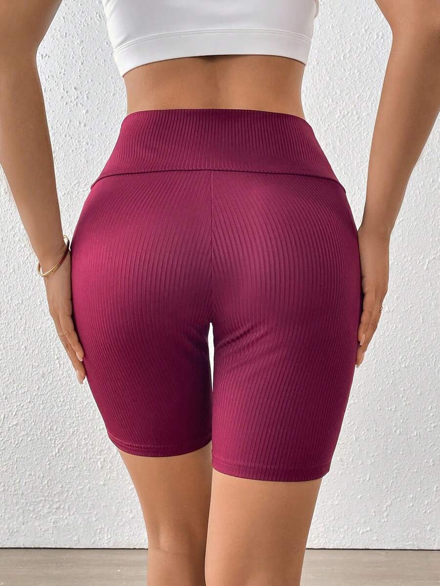 Chiquease Quần legging bó cạp cao màu trơn có gân cho nữ, quần short biker - Màu Đỏ Sâu - Xem 1