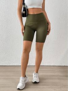 Chiquease 女士纯色休闲户外运动骑行短裤，女士健身服，骑行短裤 - 橄欖綠 - 查看 6