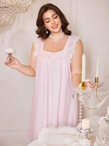 Trezura Plus Size Sweet Mesh Patchwork Pleated Bowknot Nightgown, Moo Moo - Pink - View 4