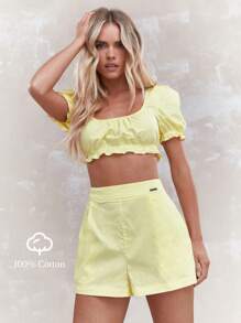 MISSGUIDED Ruched Balloon Sleeves Crop Top And Pleated Shorts Co-Ord Set - Yellow - View 6
