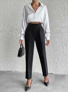 EURMUSE 小号女士纯色斜口袋西装裤 - 黑色 - 查看 3