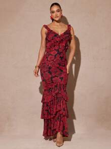 Silquee Váy Maxi Lãng Mạn Hở Lưng Xếp Nếp Thanh Lịch Cho Nữ, Thích Hợp Cho Kỳ Nghỉ Hè, Kỳ Nghỉ Ở Bãi Biển, Váy Dài Phồng Có Dây Đeo Bằng Lưới Co Giãn Và Viền Xếp Nếp, Họa Tiết Hoa Hồng - Nhiều màu - Xem 2