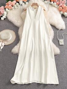 INAWLY Robe midi ample sans manches à col en V avec poches, style minimaliste - Nude - Voir 3