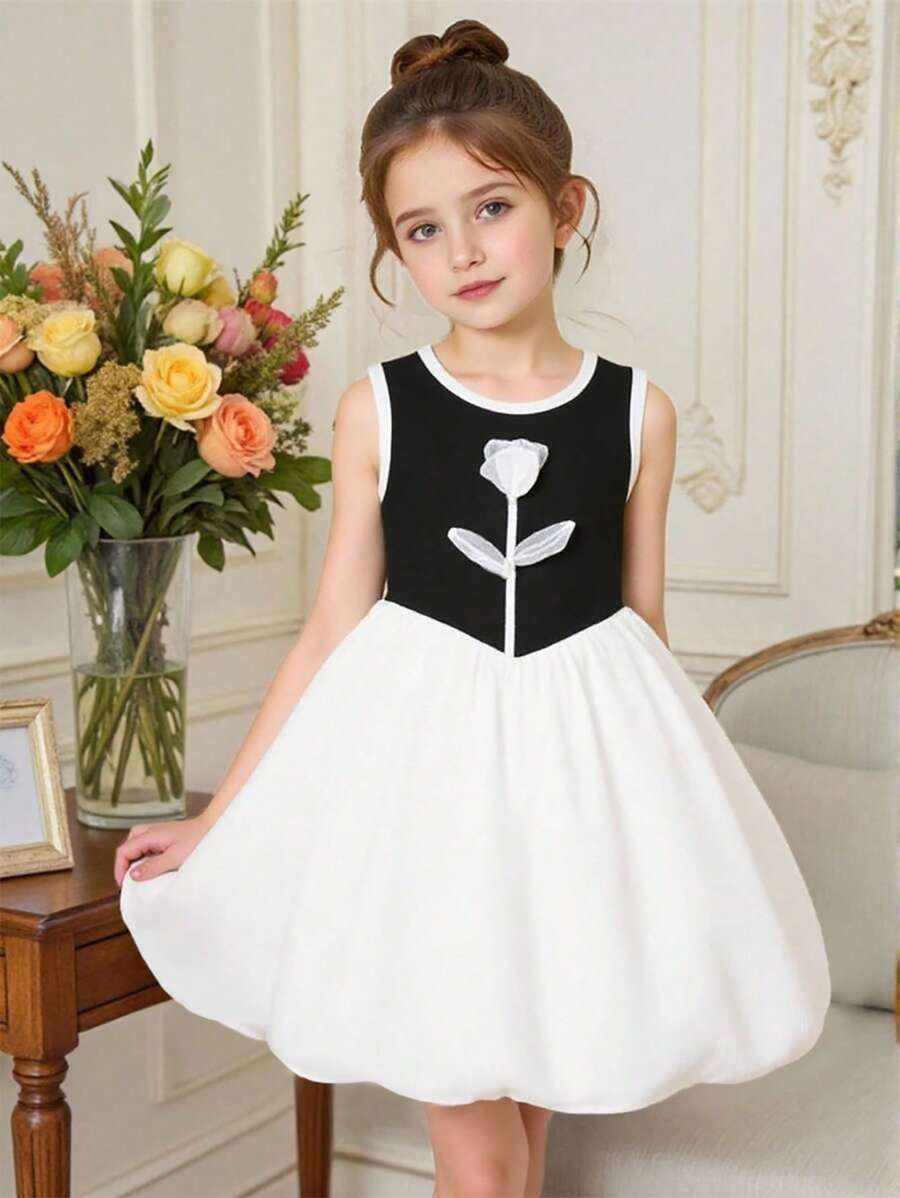 SHEIN Girls 3D Floral Decor Contrast Color Block Lantern Skirt Design, Suitable For Casual Daily Wear - Multicolor - View 1