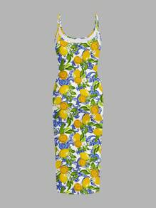 SHEIN EZwear Rochie lungă, casual, cu imprimeu de lămâie și fructe, croială slim fit, cu bretele tip spaghete, potrivită pentru vară, vacanță la plajă, sezonul absolvirii, vacanța de primăvară
