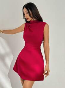 SHEIN PETITE Women's Elegant Simple Exquisite Romantic Sweet Daily Commute Wedding Party Music Festival Vacation Pleated A-Line Mini Dress, Red Halter Top Party Dresses For Women Women Formal,Club Outfits Women Sexy - Red - View 6