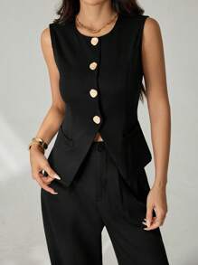 SHEIN PETITE 无袖休闲长款开衫套装女士办公室服装秋冬商务女士服装 - 黑色 - 查看 7