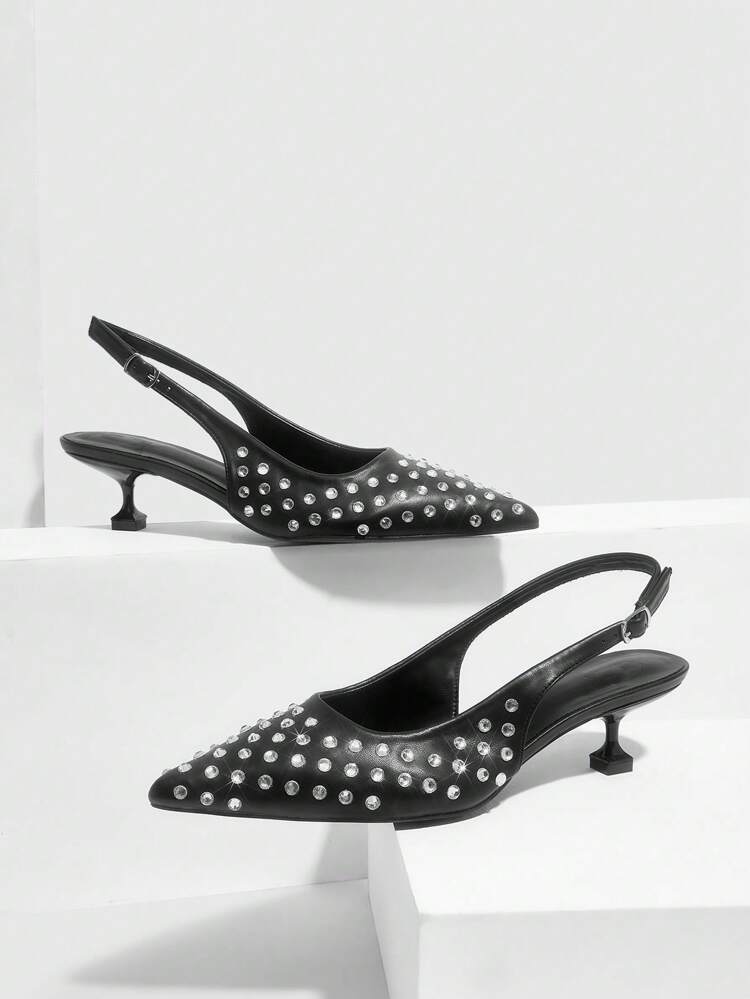 CUCCOO SZL Women's 5cm Kitten Heel Pointed Toe Mule Shoes With Rhinestone Embellished Strap And Buckle Decor, Lightweight Luxurious Style, Black Color