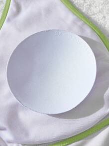 SHEIN MOD 领口系带前褶皱针织提花粉色泳衣上衣 - 綠色 - 查看 3