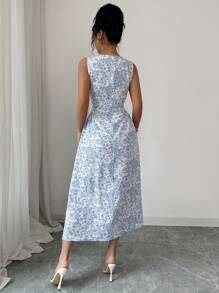 Rafferiza Women's French Holiday Blue Floral Print Ruffle Sleeveless Dress - Blue - View 2