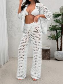 EURMUSE 女士镂空纽扣针织衬衫上衣和毛衣裤两件套套装沙滩装 - 白色 - 查看 5