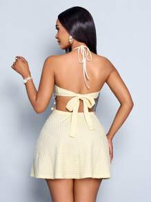SOLERSUN Vestido corto de punto para playa, con cuello halter, espalda descubierta, cintura con flecos, uso diario, para vacaciones y estilo de Hawái, en unicolor, para uso en primavera y verano