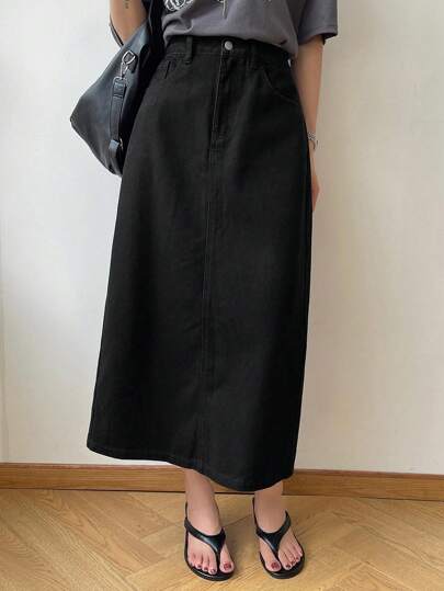 DAZY 女士简约休闲纯色侧开衩A字牛仔裙，返校季牛仔裙