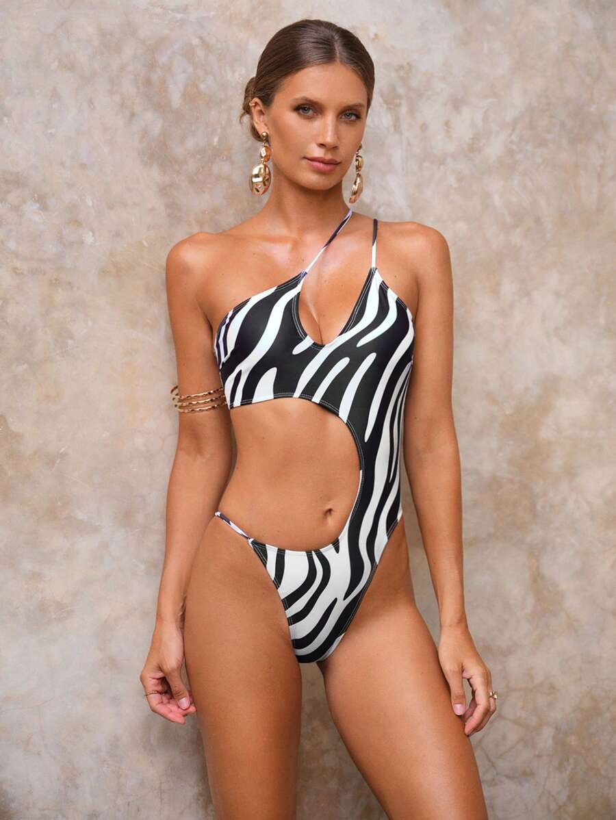 Swim Chiccia Traje de baño de una pieza para mujer con cintura hueca, con estampado floral elegante y sexy, para la playa y vacaciones - Blanco y Negro - Ver 1