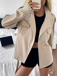 SHEIN EZwear 秋季新款休闲工装风立领宽松风衣 - 卡其色 - 查看 4