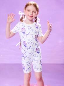 Pop Mart Azura X SHEIN Young Girl Dreamy Purple Cartoon Graphic White Short Sleeve T-Shirt & Shorts Cute Comfortable Pajama Set