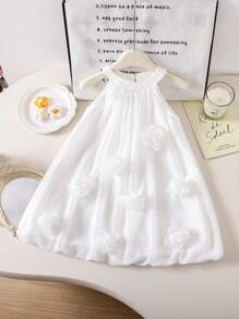Young Girls Solid Color 3D Floral Decor Dress White Girls White Dress White Tulle Dress Junior Bridesmaid Dress - Beige - View 4