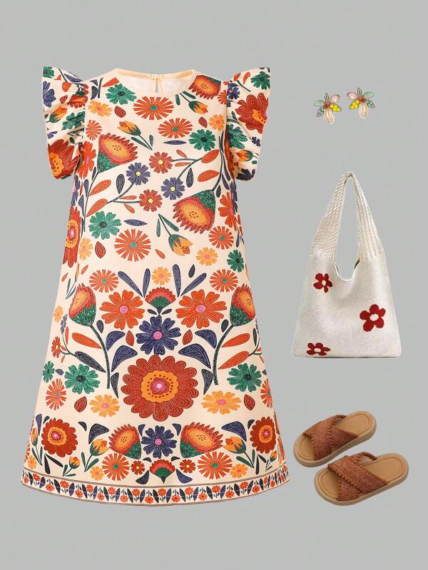 Tween Girl Casual Mexican-Style Dopamine Flower Print Dress, Suitable For Outdoor, Travel, Vacation