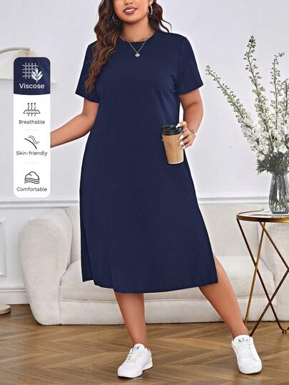 SHEIN Essnce Plus Size Women Summer Casual Solid Color Short Sleeve Split Hem T-Shirt Dress,Dresses Casual