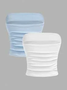 SHEIN Girlism 2pcs/Set Teen Girl Minimalist Comfortable Ruched Bandeau Crop Tube Top Fall Winter