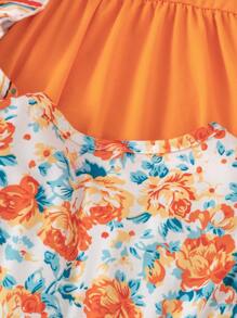 3 件套幼儿女童波西米亚花卉条纹拼布圆领荷叶边盖袖休闲连衣裙，夏季日常穿着