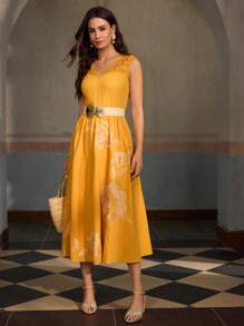 ZEYLAH Váy ren thêu vá không tay thanh lịch - Màu vàng - Xem 5