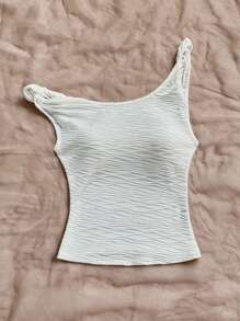 Soleia 度假风不对称肩部抽绳针织弹力网眼扎染荷叶边上衣 - 杏色 - 查看 4