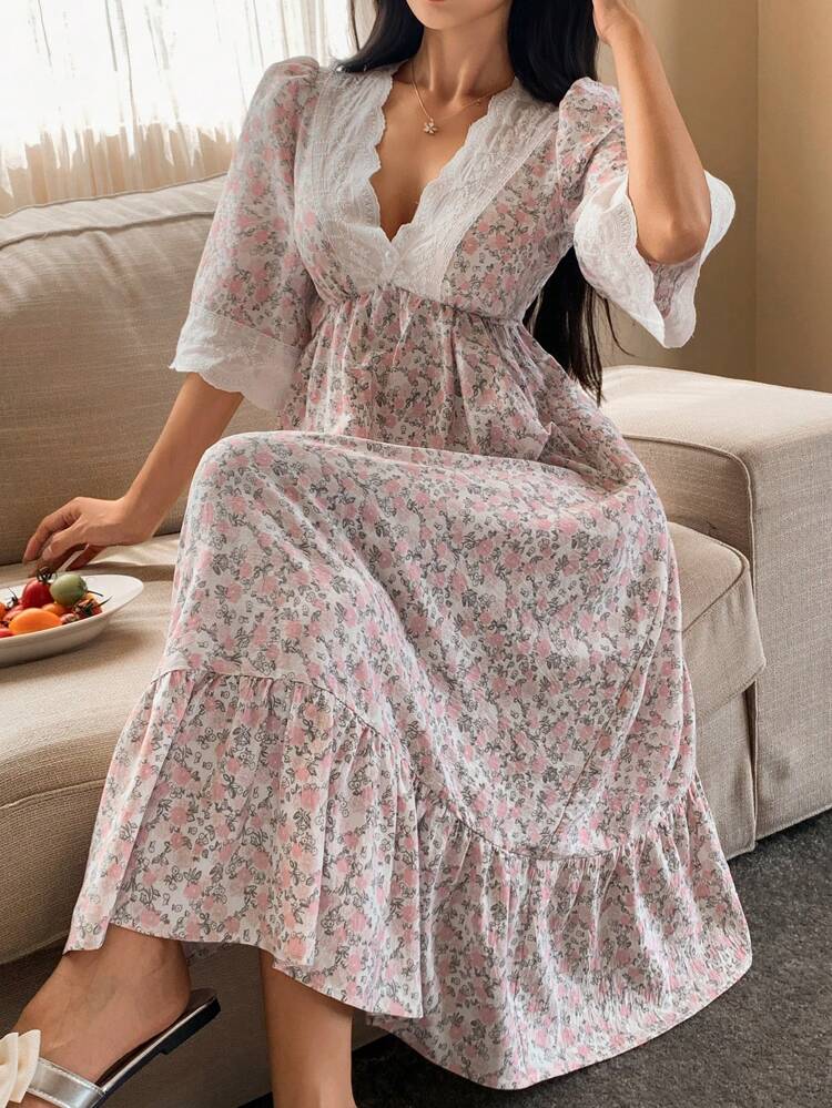 Romantic Ditsy Floral Lace Patchwork V-Neck Cinched Waist Women Sleep Dress,Back To School, For Fall Pajama, Winter