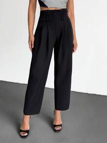 SHEIN Cottnline Wide-Leg Trousers, High Waisted Design, Pleated Front, Style, Formal Wear, Belt Loop Detail, Flowing Fabric, Elegant Cut, Office Appropriate, Polyester Blend Material, Loose Fit, Professional Look, Perfect For Business Or Evening Wear Women's Bottoms Women Summer Clothing Women's Summer Clothes Women's Dress Pants - White - View 3
