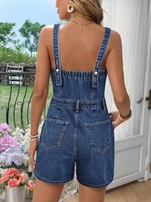 Breezaya 女式日常休闲纽扣口袋牛仔连体裤 - 中等水洗藍 - 查看 2