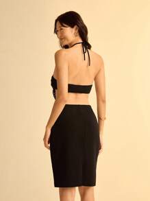 CAJUNI Turtle Bamboo Embroidery Halter Split Hem Casual Mini Dress For Women