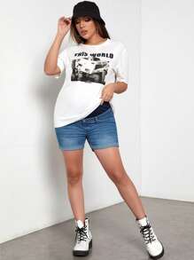 SHEIN Maternity Contrast High Waist Cuffed Hem Denim Shorts