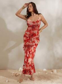 Silquee 夏季假日优雅连衣裙和奢华女士纯色荷叶边不对称下摆细肩带连衣裙、情人节连衣裙、浪漫约会连衣裙、海滩度假露背连衣裙 - 彩色 - 查看 3