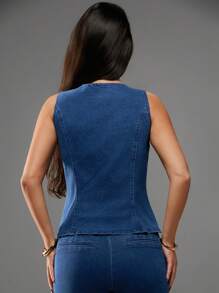 Forever 21 Summer New Round Neck Open Front Vintage Wash Denim Blouse For Women - Medium Wash - View 2