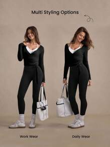 Easify SHEIN Sport Camiseta de manga larga con textura perforada, de atar, casual, deportiva y versátil para todas las estaciones, para mujer