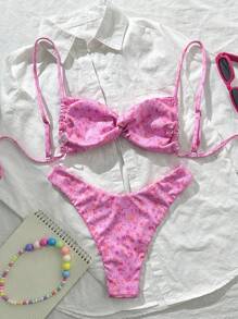 Swim Mod 2 件套，夏季假期随机印花罗纹细肩带抹胸粉色比基尼上衣和高腰泳裤性感泳衣 - 粉色 - 查看 3