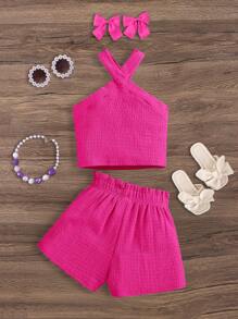 Emery Rose Kids Emery Rose Kids Youth Girl Knitted Solid Sleeveless Top And Shorts 2 Pieces Set - Hot Pink - View 2