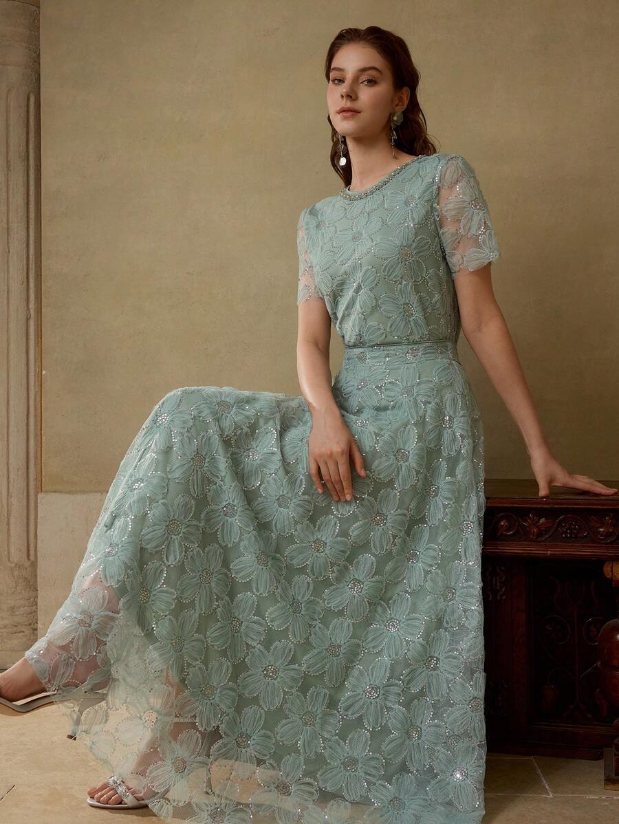 MOTF PREMIUM JUPE ÉVASÉE EN MAILLE AVEC APPLICATIONS DE SEQUINS CONTRASTÉS - Vert - Voir 1