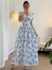 Elenzga Đầm dài tay bồng eo đàn hồi thanh lịch mùa hè cho nữ, Đầm maxi. Dành cho mùa xuân/hè, trang phục hòa nhạc cho nữ, thanh lịch phù hợp để đi làm hàng ngày, lễ hội âm nhạc, trang phục ngày lễ - Màu xanh lam - Xem 6