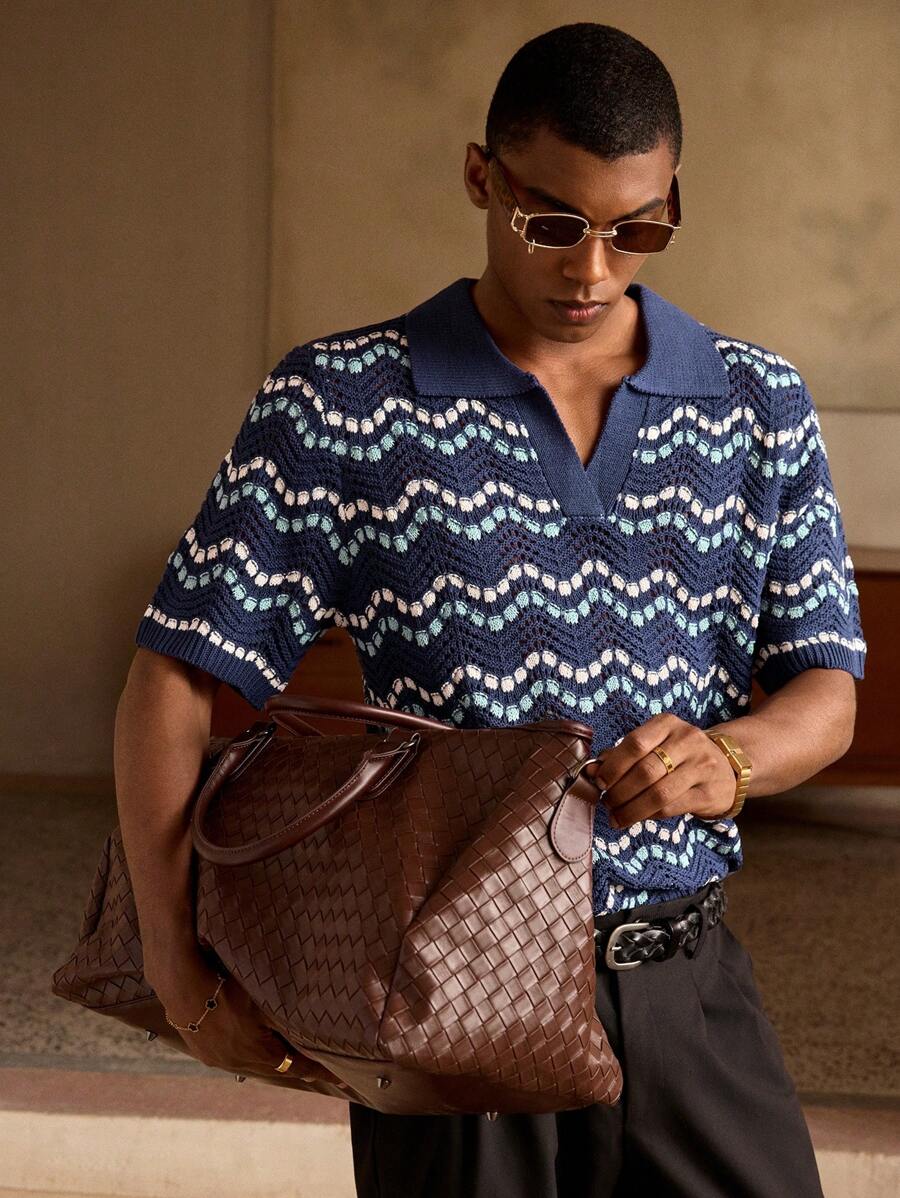 Manfinity BRENVOR قميص بولو مُنسوج مخطط أنيق بأسلوب جنوب فرنسا الصيفي الكاجوال للرجال