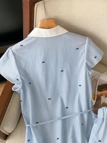 SHEIN 2 件套女士休闲蝴蝶条纹印花腰带衬衫和裙子套装，夏季 - 藍色 - 查看 6