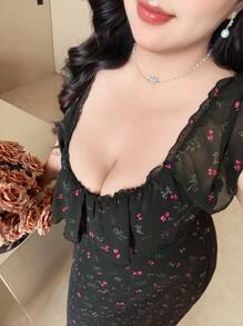 Vibekara 大码女式甜美碎花雪纺夏季度假连衣裙，优雅性感 - 黑色 - 查看 2