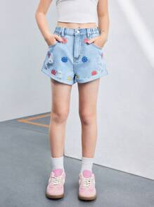 女童加大码破洞牛仔短裤，时尚百搭休闲彩色花卉印花牛仔短裤，适合日常穿着和度假 - 淺色水洗藍 - 查看 4