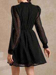 Amorya Swiss Dot Tie Neck Frill Trim Dress Black Dress Dress For Wedding Guest - Black - View 3