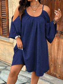 SHEIN Holidaya Große Größen Rundhalsausschnitt Geraffte Falten Split Flare 7/8 Ärmel Einfaches Casual A-Linien-Kleid Damen Kurze Kleider Sommer Damen Plus Sonnenkleid Damen Sommerkleidung Damen S Sommerkleidung Arbeitssommerkleider