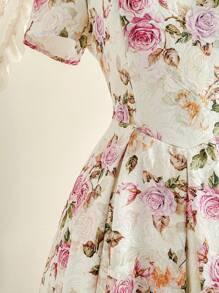 xheVintamour Vestido holgado y elegante de mujer vintage, de primavera/verano, con estampado floral, cuello cuadrado, mangas cortas, color rosa, con dobladillo en forma de paraguas, ropa de verano vintage, atuendo de festival, vestido largo maxi para mujer, vestido de graduación, vestido para boda y recepción de boda, vestidos de verano para mujer en color rosaxhe - Albaricoque - Ver 5