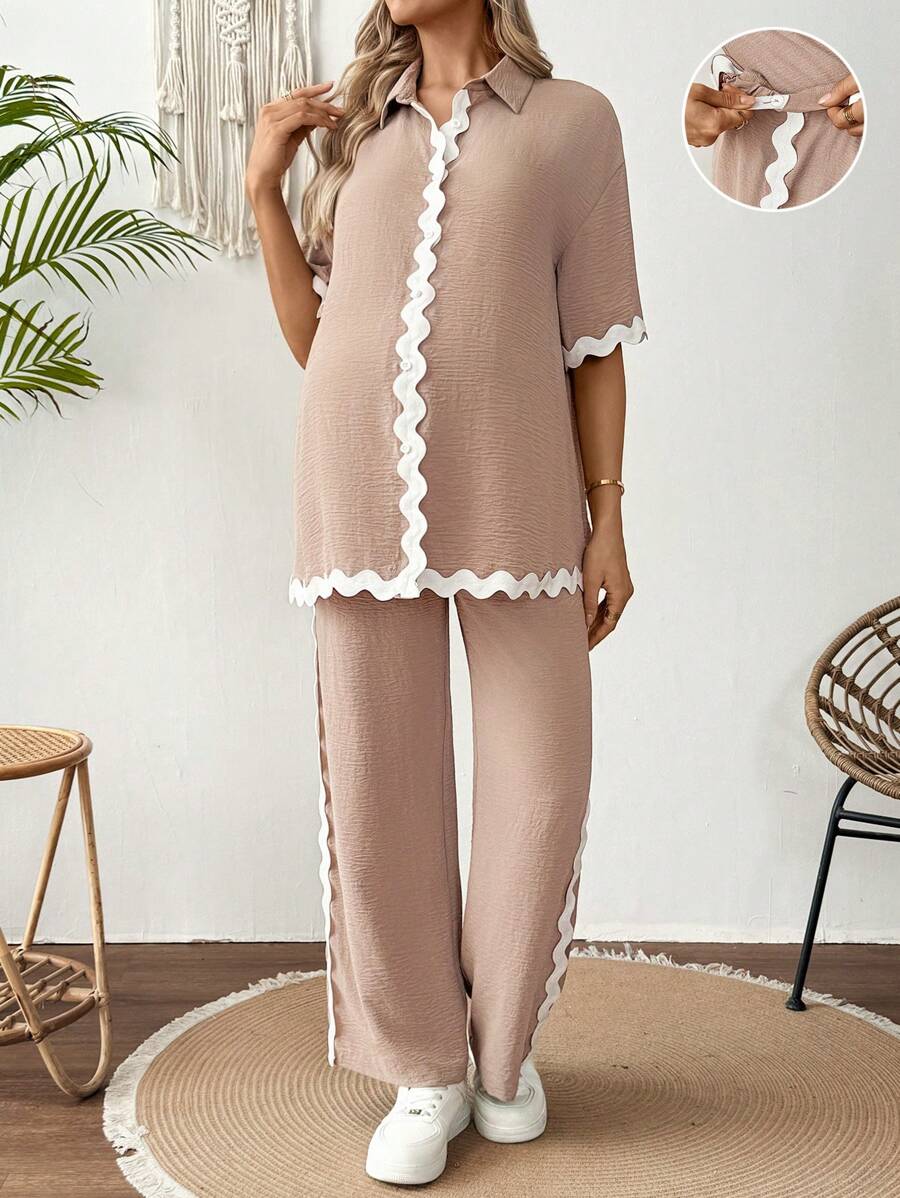 SHEIN Maternity Two Pieces Suits - Camel - View 1