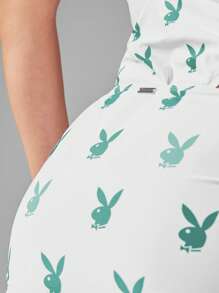 Missguided x Playboy MISSGUIDED Costume da bagno con minigonna, con stampa di coniglio e arricciature, per coprire il costume da bagno, protezione solare, spiaggia, piscina, festa estivi, vacanze, usura da resort